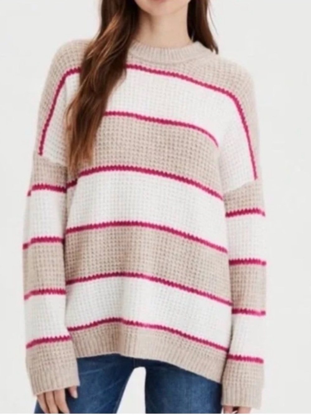 American Eagle Outfitters Striped Crewneck Sweater in Beige, Cream & Pink